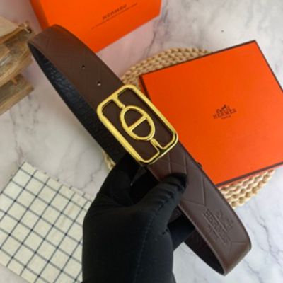 1:1  Hermes  Chocolate&Black Leather Belt  with Gold buckle Rectangle Buckle 3.8cm